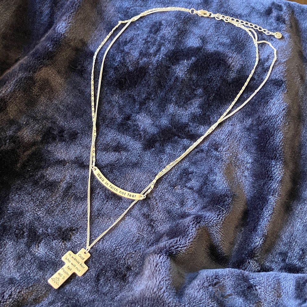 Silver Double-Layer Cross Necklace‎ with Engraved Bar “Walk in Faith not Fear”